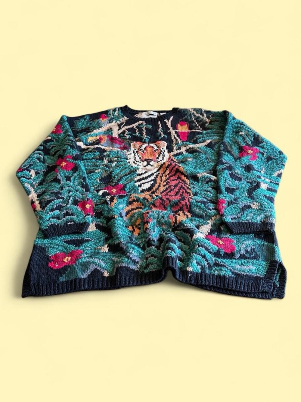 Vintage Signatures Tiger Jungle AOP Hand Knit Sweater Women’s Size 2XL